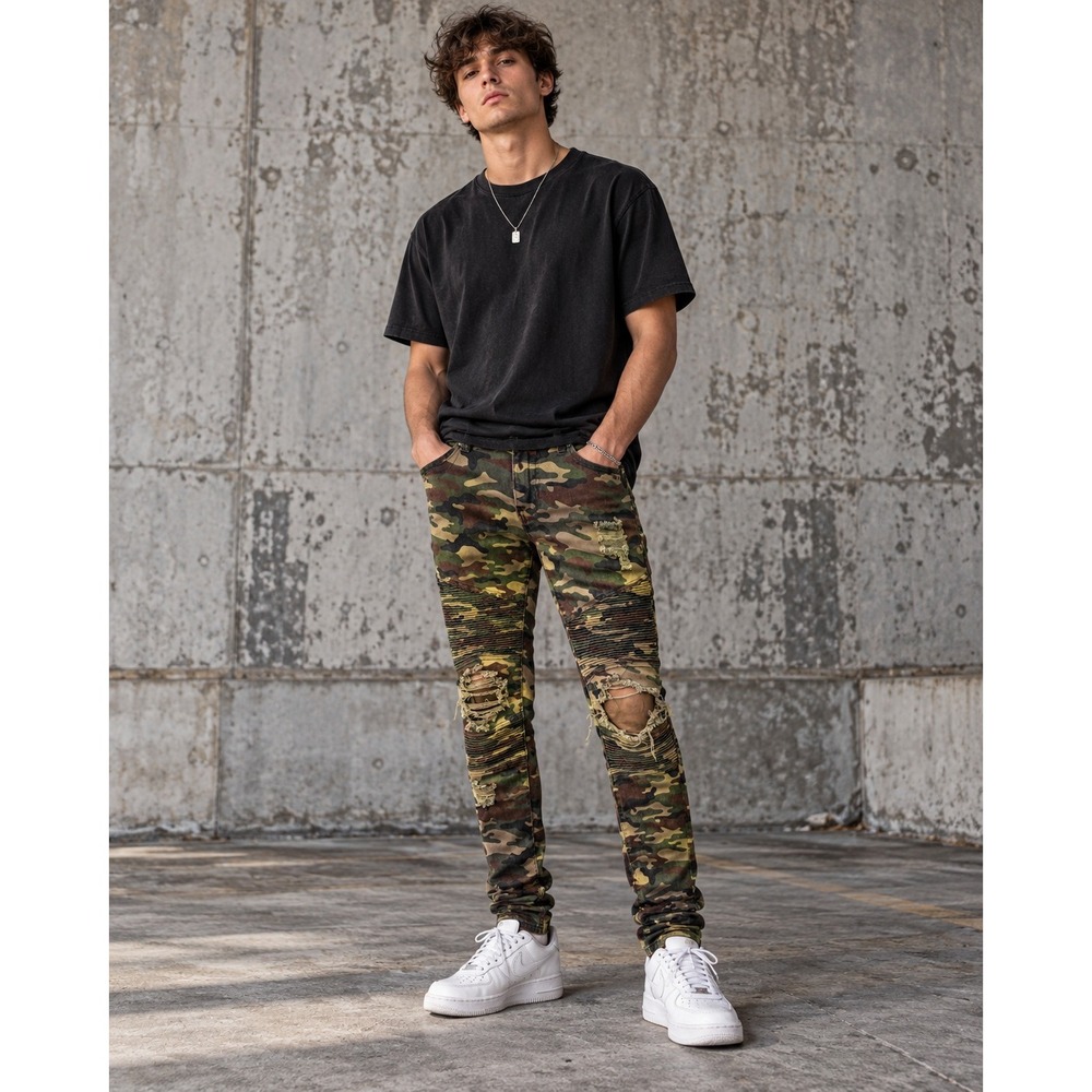 Black Camo Moto Jeans Mens 30x32 Streetwear Biker Distressed Skinny Flex Pants